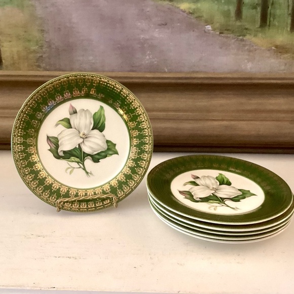 6 bread plates American Limoges L'Triomphe Trillium Forest Green Dinnerware 22K - Picture 1 of 10